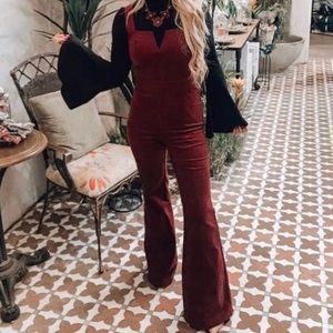 Altar’d State Burgundy Corduroy Jumpsuit Size Small Zip Pants